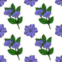 Seamless pattern of delicate periwinkle flowers and leaves, featuring a vibrant purple hue and detailed botanical illustration style, perfect for textile design or springtime projects. vector