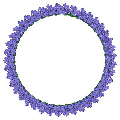 Elegant round frame with a delicate arrangement of periwinkle flowers, perfect for invitations, cards, or decorative elements.