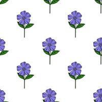 Seamless pattern of stylized periwinkle flowers with vibrant purple petals and dark green leaves on a white background, perfect for textile prints or digital designs. vector