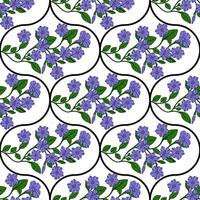 Seamless pattern of delicate periwinkle flowers and leaves arranged in elegant, repeating curves on a white background, creating a sophisticated floral design. vector