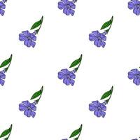 Seamless pattern of delicate periwinkle flowers with green leaves, arranged in a repeating design on a white background, ideal for textile prints or digital designs. vector