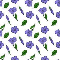 Seamless pattern of delicate periwinkle flowers and leaves, showcasing a charming botanical illustration with vibrant purple blossoms and lush green foliage, ideal for textile prints and sur... vector