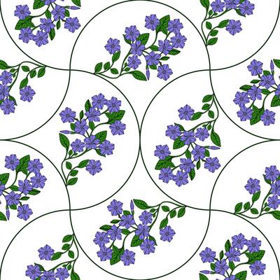 Seamless pattern of delicate periwinkle flowers arranged in elegant curved lines within circular frames, creating a sophisticated floral design perfect for textile prints or wallpapers.