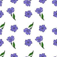 Seamless pattern of delicate periwinkle flowers and buds, featuring a mix of single blossoms and stems with leaves, creating a charming floral design perfect for spring or summer projects. vector
