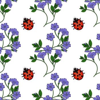 sin costura modelo presentando delicado bígaro flores y encantador mariquitas, creando un vibrante y alegre primavera diseño. vector