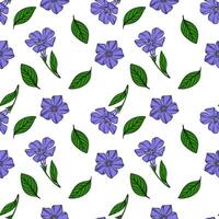 Seamless pattern of delicate periwinkle flowers and green leaves on a white background, ideal for textile prints or springthemed designs. vector