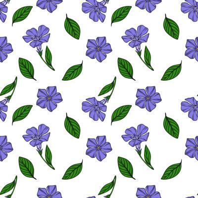 Seamless pattern of delicate periwinkle flowers and green leaves on a white background, ideal for textile prints or springthemed designs.