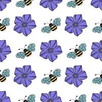 Seamless pattern of stylized purple flowers and cute bees, perfect for textile prints, wrapping paper, or digital design projects. vector