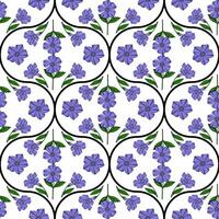 Seamless pattern of stylized periwinkle flowers in purple and green, arranged within a repeating black curve motif on a white background, creating a delicate and elegant design. vector