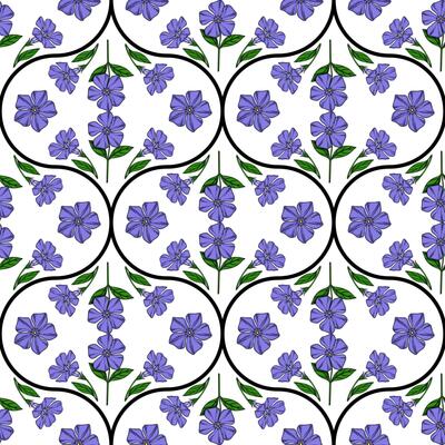 Seamless pattern of stylized periwinkle flowers in purple and green, arranged within a repeating black curve motif on a white background, creating a delicate and elegant design.