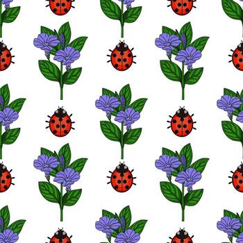 sin costura modelo presentando encantador mariquitas y delicado púrpura flores en un prístino blanco fondo, creando un alegre y vibrante floral diseño. vector