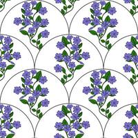 Seamless pattern of delicate periwinkle flowers arranged in elegant halfcircle motifs, creating a sophisticated floral design ideal for textile prints or wallpaper. vector