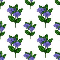 Seamless pattern of delicate light purple periwinkle flowers with vibrant green leaves, artistically rendered in a detailed botanical style, ideal for textile prints or springthemed designs. vector