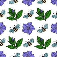 Seamless pattern featuring handdrawn illustrations of vibrant purple periwinkle flowers, lush green leaves, and busy honeybees in a cheerful, repeating design. vector