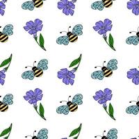 Seamless pattern with handdrawn bumblebees and stylized periwinkle flowers, featuring a vibrant color palette and intricate wing details for textile or wallpaper design. vector