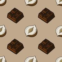 Seamless pattern of chocolate bars and hazelnuts, a delicious handdrawn illustration perfect for packaging or culinary designs. vector