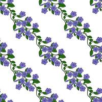 Seamless pattern of delicate periwinkle flowers and green leaves, arranged in a diagonal repeating design, ideal for textile prints or springthemed backgrounds. vector