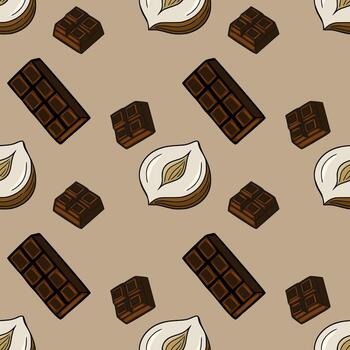 Seamless pattern of hazelnuts and chocolate bars in a handdrawn style, featuring a unique light brown background for a sweet and delicious design. vector
