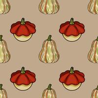 Seamless pattern with handdrawn autumn pumpkins in red and greenorange striped variations, featuring a unique blend of flat and slightly threedimensional styles on a muted beige background. vector