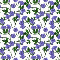 Seamless pattern of delicate periwinkle flowers and green leaves, arranged in a graceful, repeating design, ideal for textile prints or wallpapers. vector