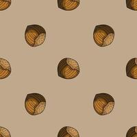 Seamless pattern of hazelnuts with gradient shading on a taupe background, featuring detailed handdrawn style for autumnal designs. vector
