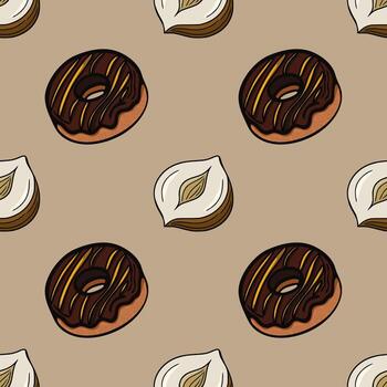 Seamless pattern featuring delicious chocolate glazed donuts with caramel stripes and halved hazelnuts on a muted taupe background, creating a sweet and nutty autumnal design. vector
