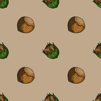 Seamless pattern of hazelnuts in shells and husks, illustrated in a handdrawn style with brown and green colors on a beige background, perfect for autumnal designs. vector