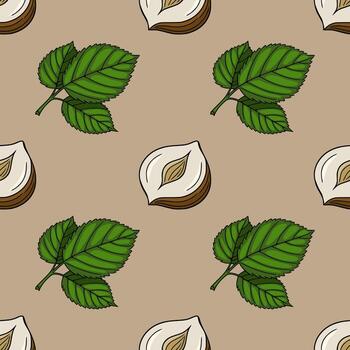 Seamless pattern of hazelnuts and leaves, featuring a handdrawn style with detailed illustrations of whole and halved nuts, and vibrant green foliage against a neutral beige background. vector
