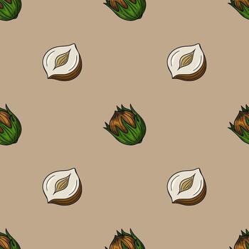 Seamless pattern of hazelnuts in shell and shelled, with a neutral beige background, showcasing detailed handdrawn style illustrations of the nuts. vector