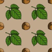 Seamless pattern of hazelnuts and leaves, a detailed illustration with a natural autumnal palette, perfect for textile prints or fallthemed designs. vector