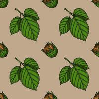 Seamless pattern of hazelnuts in their husks and green leaves on a beige background, a unique autumnal design for textile or wallpaper. vector