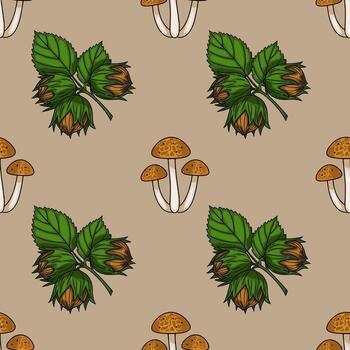 Seamless pattern featuring handdrawn hazelnuts with green leaves and clusters of autumn mushrooms on a beige background, creating a charming autumnal design. vector