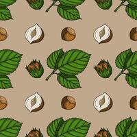 Seamless pattern of hazelnuts in shell and shelled, with green leaves on a beige background, handdrawn in a vintage style. vector