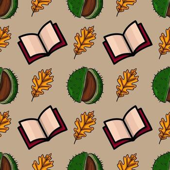 sin costura otoño modelo presentando abrió libros, castaña conchas, y roble hojas, creando un acogedor y educativo otoñal onda. vector