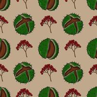 Seamless pattern of autumn chestnuts and red berries, handdrawn in a vintage style on a beige background, ideal for fallthemed designs. vector