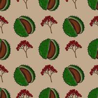 Seamless pattern of handdrawn autumn chestnuts and red berries on a beige background, perfect for fallthemed designs and textile prints. vector