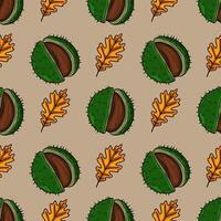 Seamless pattern of autumnal chestnuts and oak leaves, a charming illustration with vibrant greens, browns, and oranges, perfect for seasonal designs. vector