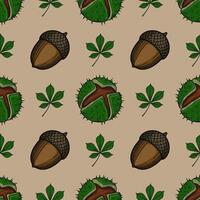 Seamless pattern featuring detailed acorns, chestnut husks, and horse chestnut leaves, creating a rich autumnal design ideal for textile prints or fallthemed backgrounds. vector