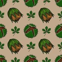 Seamless pattern of handdrawn chestnuts and leaves in a vintage style, featuring detailed illustrations of both open and closed chestnut husks against a muted beige background. vector
