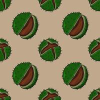 Seamless pattern of handdrawn chestnut burrs with detailed green husks and brown nuts, creating a rustic autumnal design perfect for fallthemed projects. vector