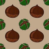 Seamless pattern of handdrawn chestnuts and their spiky husks, featuring rich brown and vibrant green hues, ideal for autumnal designs. vector