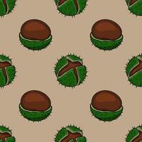 Seamless pattern of handdrawn chestnut illustrations in brown and green tones, featuring both whole and opened chestnuts with spiky husks, creating a rustic autumnal design. vector