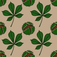 Seamless pattern of chestnut leaves and opened chestnuts in a beige background, creating a natural and autumnal design. vector