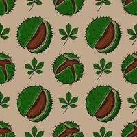 Seamless pattern of handdrawn chestnut husks and leaves, featuring a detailed, vintagestyle illustration with rich green and brown tones, ideal for autumnal designs and textile prints. vector