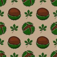 Seamless pattern of handdrawn chestnuts and leaves, showcasing detailed botanical illustration in autumnal green and brown tones, perfect for fallthemed designs. vector