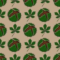 Seamless pattern of chestnut burrs and leaves, detailed handdrawn illustration in green and brown tones, perfect for autumnal designs and textile prints. vector