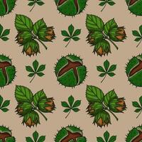 Seamless pattern with handdrawn illustrations of hazelnuts and horse chestnuts, featuring detailed leaves and a beige background, ideal for autumnthemed designs. vector