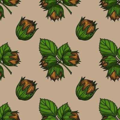 Seamless pattern of hazelnuts with green leaves on a beige background, perfect for autumnal designs and packaging.