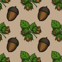 Seamless pattern of handdrawn acorns and hazelnuts on a beige background, featuring detailed illustrations of nuts and leaves in a natural autumnal color palette. vector