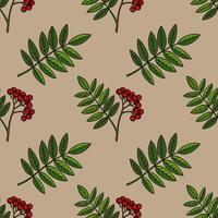 Seamless pattern with handdrawn rowan branches, featuring vibrant green leaves and clusters of rich red berries on a muted beige background, creating a rustic autumnal design. vector